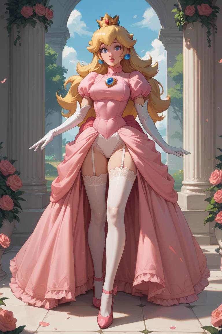 Princess Peach, olhos azuis, Vestido rosa e preto sexy, elegante, fundo preto, escorregadio, clivagem, coroa, lacy bra, seios enormes, blond hair, sedutor, sedutor, (2d anime bonito:1.3), Vixip, pastel background, design por Yusuke Kozaki, oil by Gregory Manchess; Surpreendentemente sedutora, Causador, Beautiful, hand draw illustration. altamente detalhado. Cinematic lighting. Por superequeno.pequeno