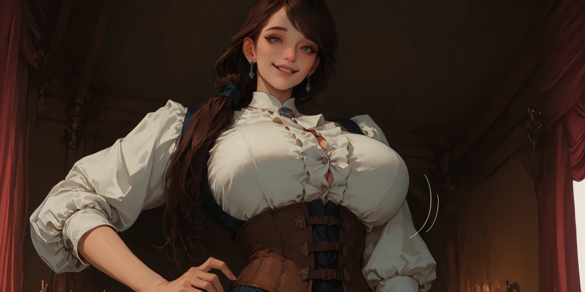 Blue victorian era dress with big breast, blue victorian era ball gown with big breast, big breast,