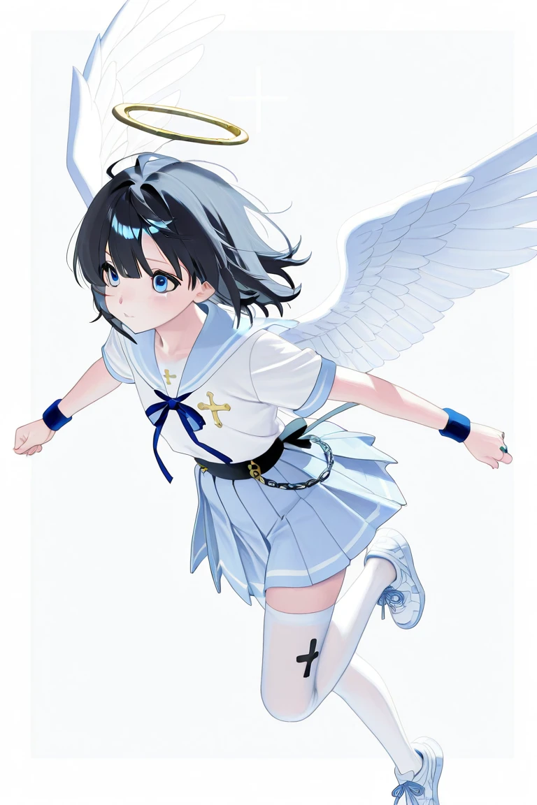 <lora:shioKoubeHappySugar_v10:1> Shio,  short twintails, dark blue hair, pastel star themed white and cyan magical girl outfit with ruffles, white stylized angel wings, angel halo, thigh high socks