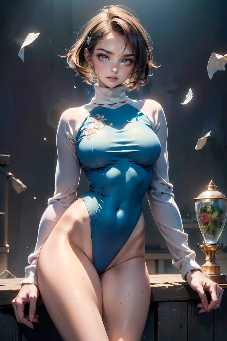((Elf girl)),(( golden brown hair color, pale skin),(((different eyes))),, warm light,( 16 years old),busty,Glamour,Gorgeous,monochromes,erotic posing,Dynamic Posing,Arrange Pose,Dramatic,Cinematic,Detailed background, Dynamic Angle,From the angle of the film, view,Best Quality,masutepiece,8K,The ultimate detailed dark background, Top image quality、RAW photography、超A high resolution，cropped shoulders, overall look is very erotic、Shot for one person only, model shoot, Large round chest, Beautiful Eyes of Details、Very slender eyes、Beautiful eyelashes、Very slim physique, with blush cheeks,wet Pearl Beaded Bralet bralette of transparent glass, ((wet pearl glass top)), ((bra of clear glass)), wet glass clothes, (small erect nipples), Exquisite appearance,