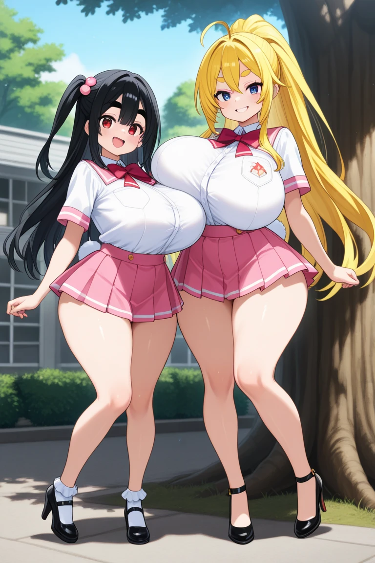 Hinata Hyuuga (((bimbo))), 2 girls, puffy lips, painted lips, thick lips, wide hips, thick thighs, big breast, huge ass, bitch face, bubble butt, shiny skin, camel toe, nude nipples, 2 girls doggystyle pose full body , sexslaves, ass squeezed together