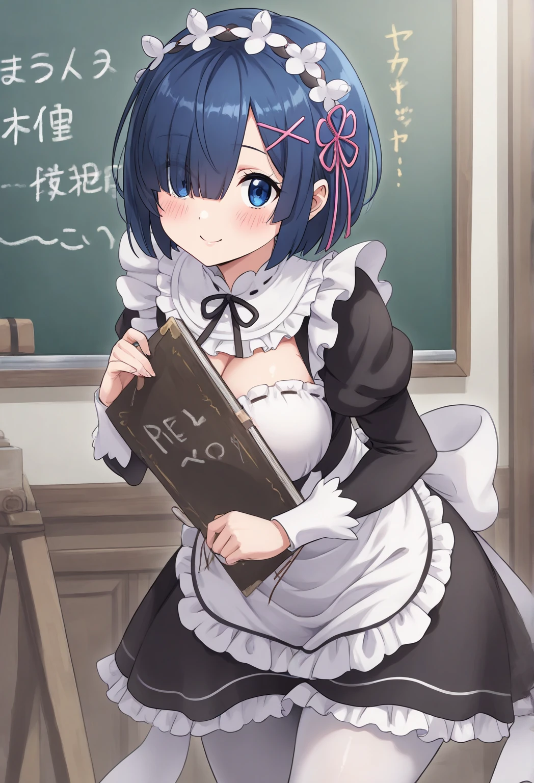 <lora:hoshizuki_kaede:1> hoshizuki kaede, 1girl, purple hair, solo, breasts, looking at viewer, blush, short hair, open mouth, blue eyes, thighhighs, dress, cleavage, medium breasts, short sleeves, frills, choker, puffy sleeves, black thighhighs, apron, puffy short sleeves, zettai ryouiki, wrist cuffs, maid, maid headdress, white apron, maid apron