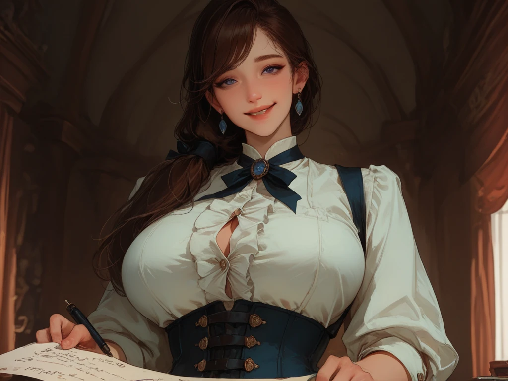 masterpiece, hyper photorealistic, renaissance style, Lost in thought while writing a letter, super ultra huge enormous breasts, super detailed, high definition