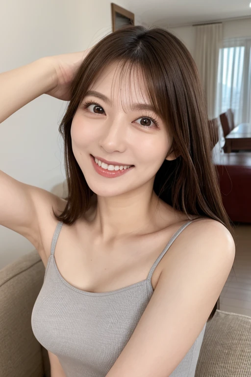 ((top-quality、8k、masuter piece:1.3))、1 female、Beautiful girl emphasizing slender abs:1.3、(Hairstyle Random、a smile,爆乳:1.2)、Plain clothe:1.2、inside the house、hyperdetailed face、A detailed eye、Double eyelids