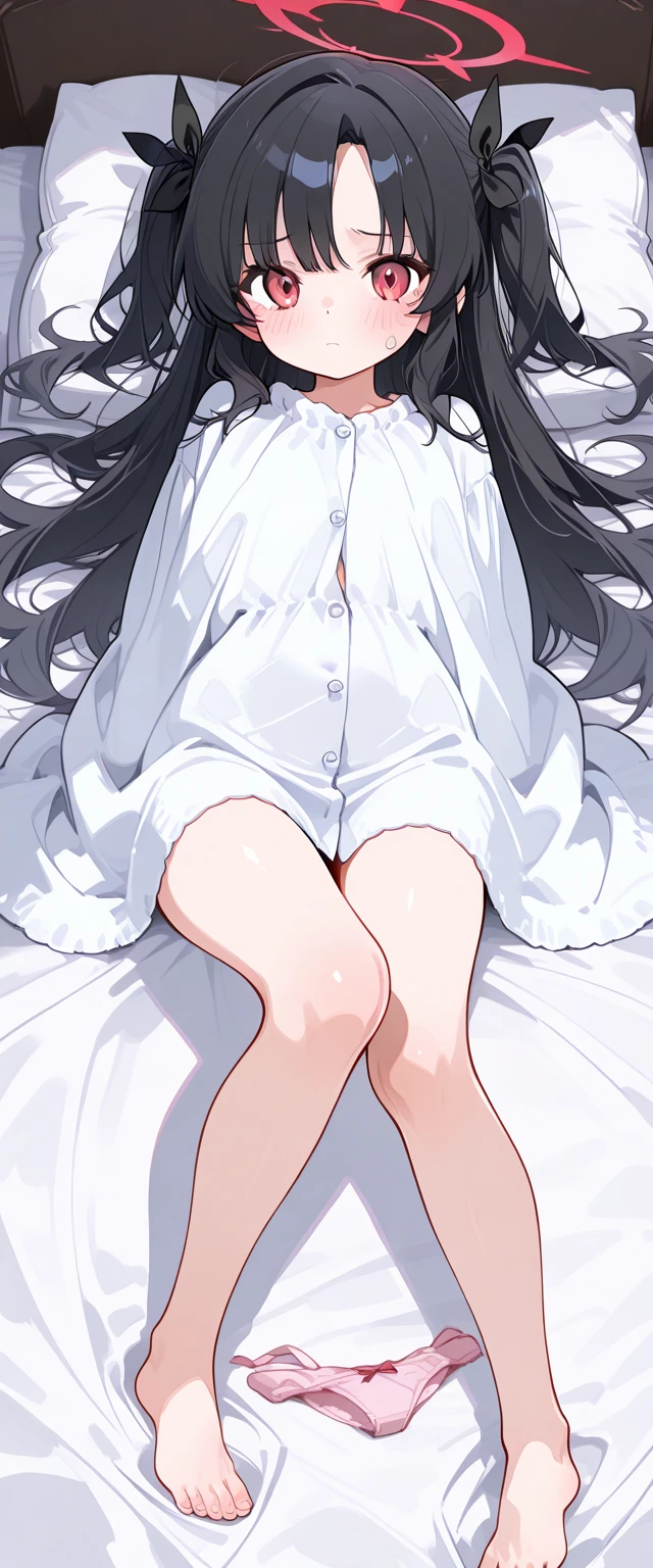 1girl, black hair,red eyes,masterpiece, best quality, high quality,medium breasts,(((white t-shirt,red underwear,bare legs))),((lying on the back, on the bed,in the hospital))
