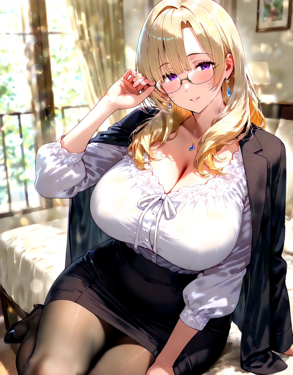 One female、blonde Medium Hair、Huge boobs、Plump Beautiful feet、Butt、watch、pearl necklace、Navy blue blazer Fluffy white blouse、leopard print bra、yellow Leopard print tight skirt、garter belt Fishnet tights、Blue T-back Lace pattern、Sit on a chair Touching glasses、In a school classroom blackboard、Embarrassed face、Date glasses