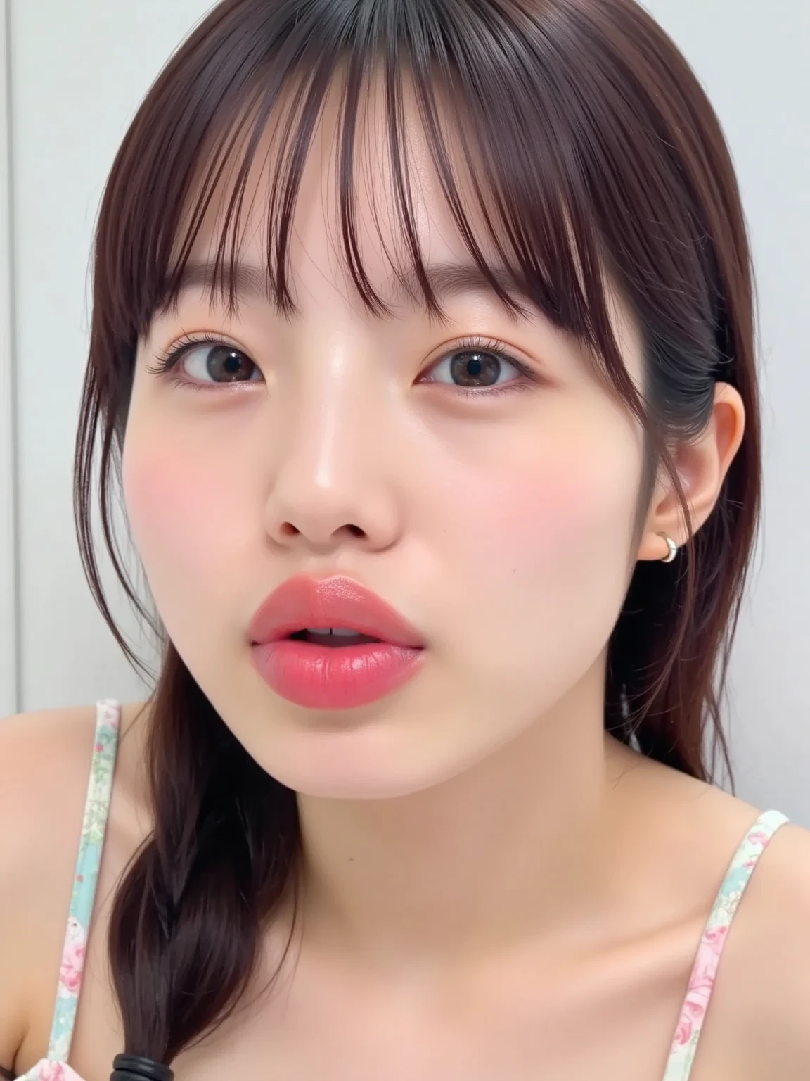 Show me what's in your mouth Please open your mouth wide Look at me and stick out your tongue. Front view. Beautiful lips. Shiny lips.