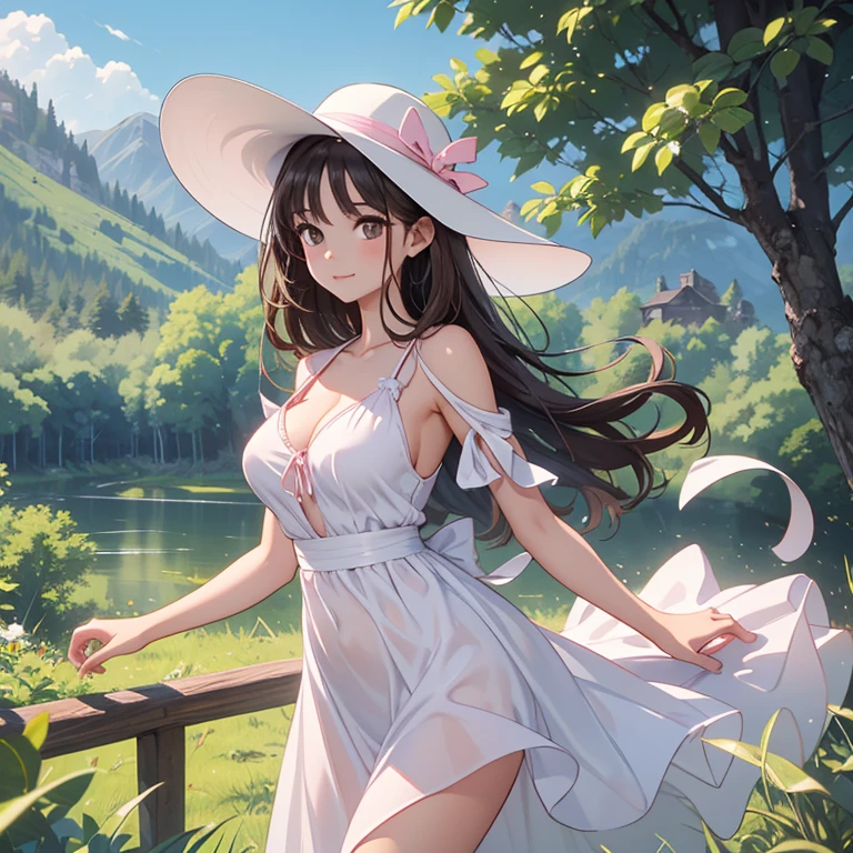 masterpiece, best quality, detailed, pov, 1girl, hilda, blue eyes, brown hair, long hair, ponytail, white lace lingerie smug, standing, grassy field, lake background, distant mountains background,