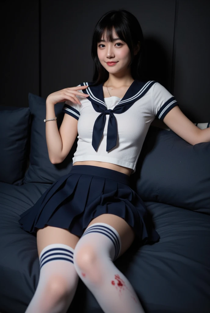 ((highest quality、8k、masterpiece:1.3)),((((fullbody shot)))),Ultra-high resolution,big eyes,Japanese,bangs,(((a girl))),(((1 girl))),((20 years old)),((facing at viewer)),grin,((looking at viewer)),(long hair),(((black sailor uniform))),((sitting on chair)),(((open leg))),((pleated mini skirt)),((white panty))