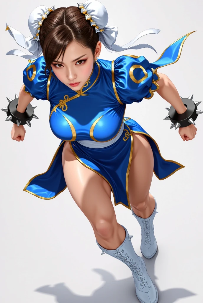 (masterpiece, best quality:1.2), 1girl, solo, chichi, dragonball, wristband, long hair, ponytail, black hair, blunt bangs, sidelocks, black eyes, chinese clothes, china dress, large breasts, sleeveless, pink pants, boots, fighting stance, simple background<lora:CHICHI-11:0.8>