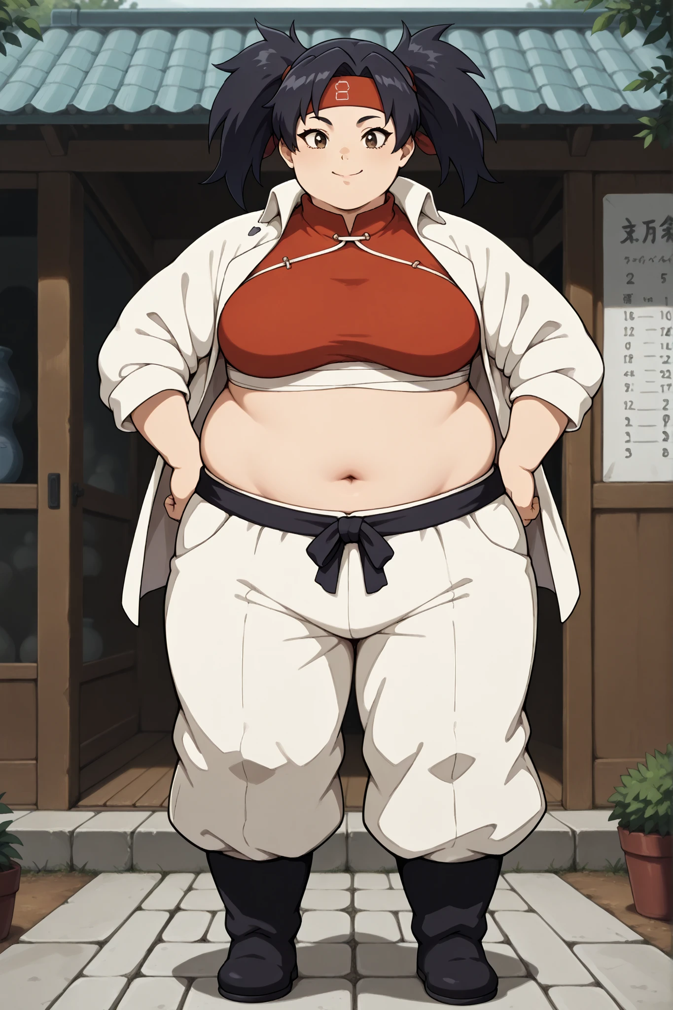 masterpiece, best quality, score_9, score_8_up, score_7_up, score_6_up, outdoors, 1girl, haylin, black hair, brown eyes, long hair, twin tails, female focus, solo, white jacket, white pants, headband, short hair, smile, black footwear, coat, crop top, midriff sarashi, sarashi, full body