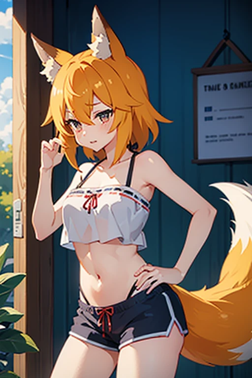 1girl, (furry female:1.1), Kitsune, Cabelo laranja, Olhos vermelhos, orelhas de raposa, cauda de raposa: 1.25, pele do corpo: 1.75, obra-prima, sem camisa, shorts vermelhos, (folha de bordo vermelha \(simbol\):1.25), \:|, (cheeleader:1.25), Canada, Hockey Arena Background, Dentro de casa, dingy gym, middlebreasts