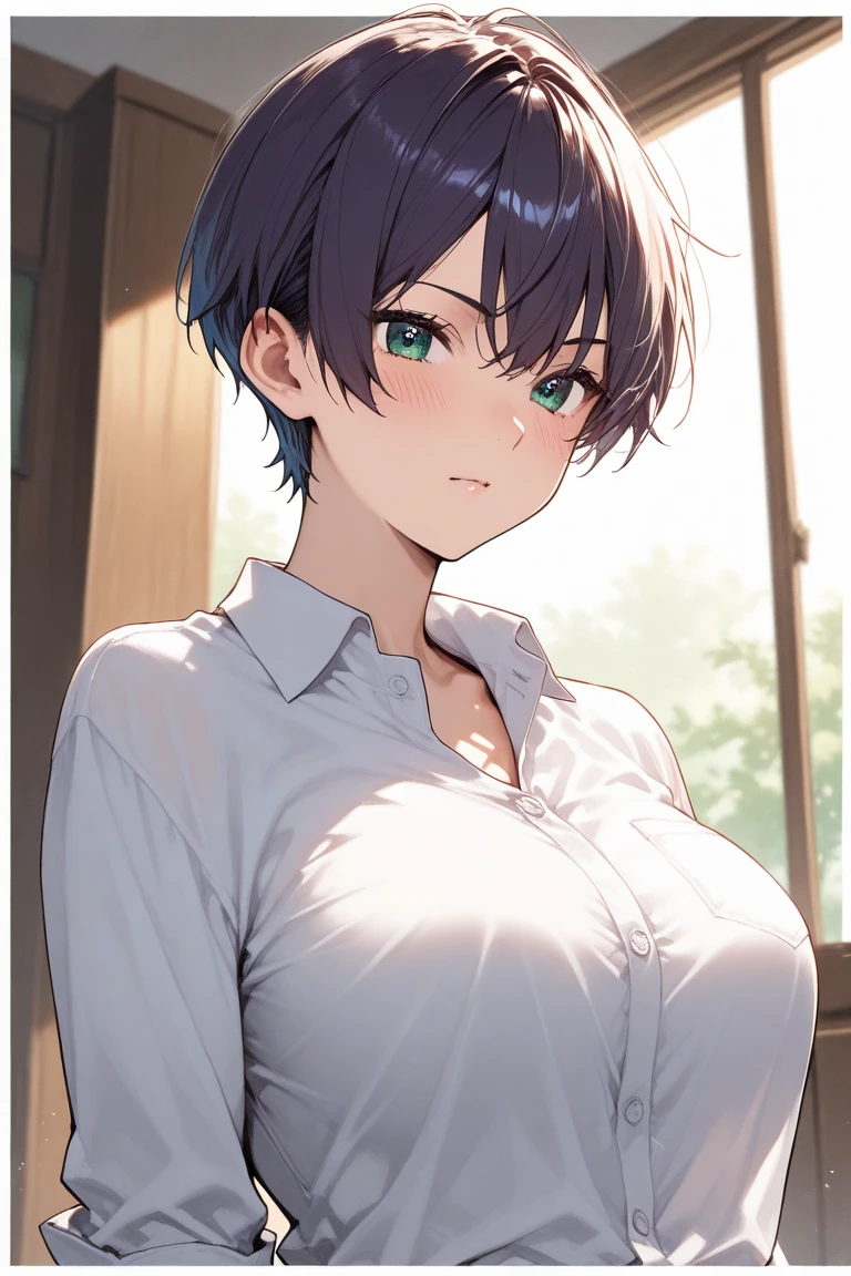 best quality, masterpiece, <lora:kurosu_gatariv3-10:1>, solo, 1girl, large breasts,sleeveless shirt, leaning forward, short hair, smirk, embarrassed,