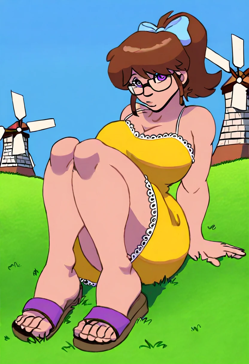 gideonscorral, masterpiece, best quality, 1girl, solo, kjmmg, brown hair, short ponytail, purple eyes, large breasts, glasses, hair bow, light blue bow, yellow sundress, spaghetti straps, lace trim, looking at viewer, blue sky, windmill, siting, on ground, knees up, sandal, grass