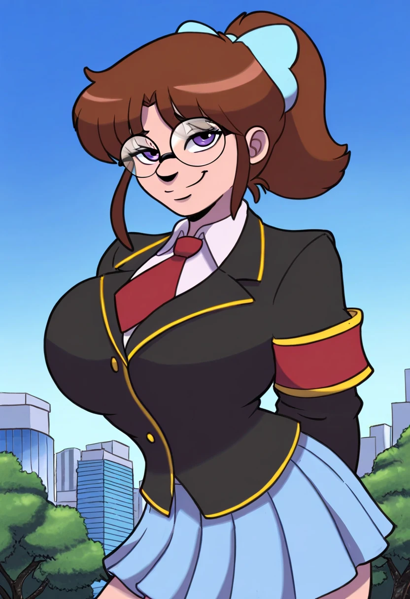 gideonscorral, masterpiece, best quality, 1girl, solo, kjmmg, brown hair, short ponytail, purple eyes, glasses, hair bow, light blue bow, large breasts, black blazer, armband, yellow trim, white shirt, collared shirt, red necktie, short necktie, light blue skirt, pleated skirt, miniskirt, upper body, looking at viewer, smile, smug, blue sky, tree, city
