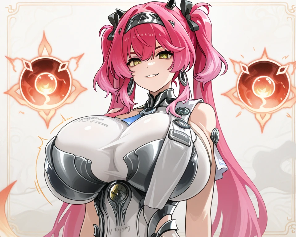 Yellow translucent armor，Arm mecha，Short pink hair，Wavy hair style，Large Breasts，cleavage，Pistol hanging from waist，fighter pilot，fighter hangar，sexly，Lipstick，Gray eyes，stockings，Short skirt，Smile，Red glasses，earrings，lipstick，Nipple showing
