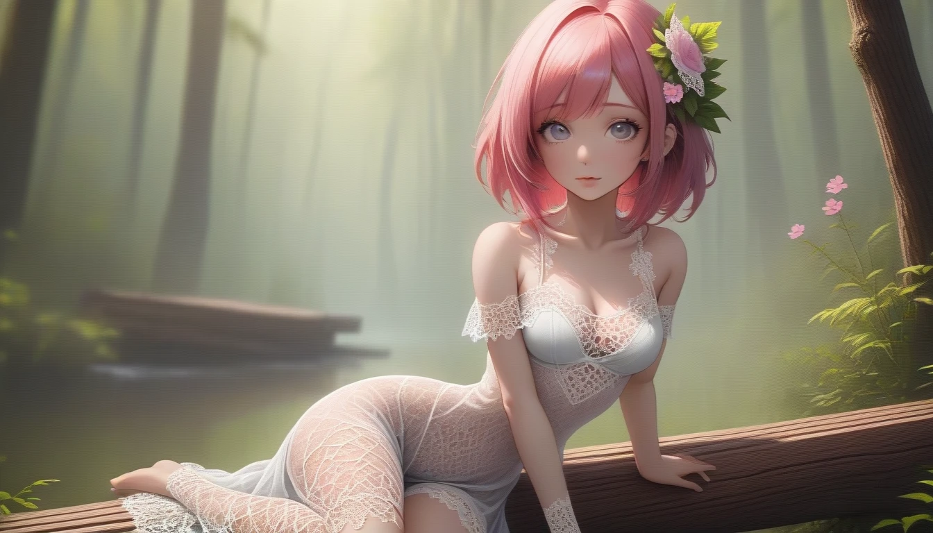 (best quality, ultra-detailed, photo-realistic:1.37), (dramatic shadows: 1.2), (Best quality), (NSFW), 1 girl, female, short pink hair, (large breasts), cleavage, topless, hands covering her breasts, green eyes, beautiful white dress, diamond necklace, white choker, perfect body, studio lighting, blushing, alluring eyes, glossy lips, sexy pose, seductive look, posing for a professional photoshoot, shallow depth of field, highlighting the main subject, soft natural lighting, (creating a dreamy and magical atmosphere), lotus flowers, pond
