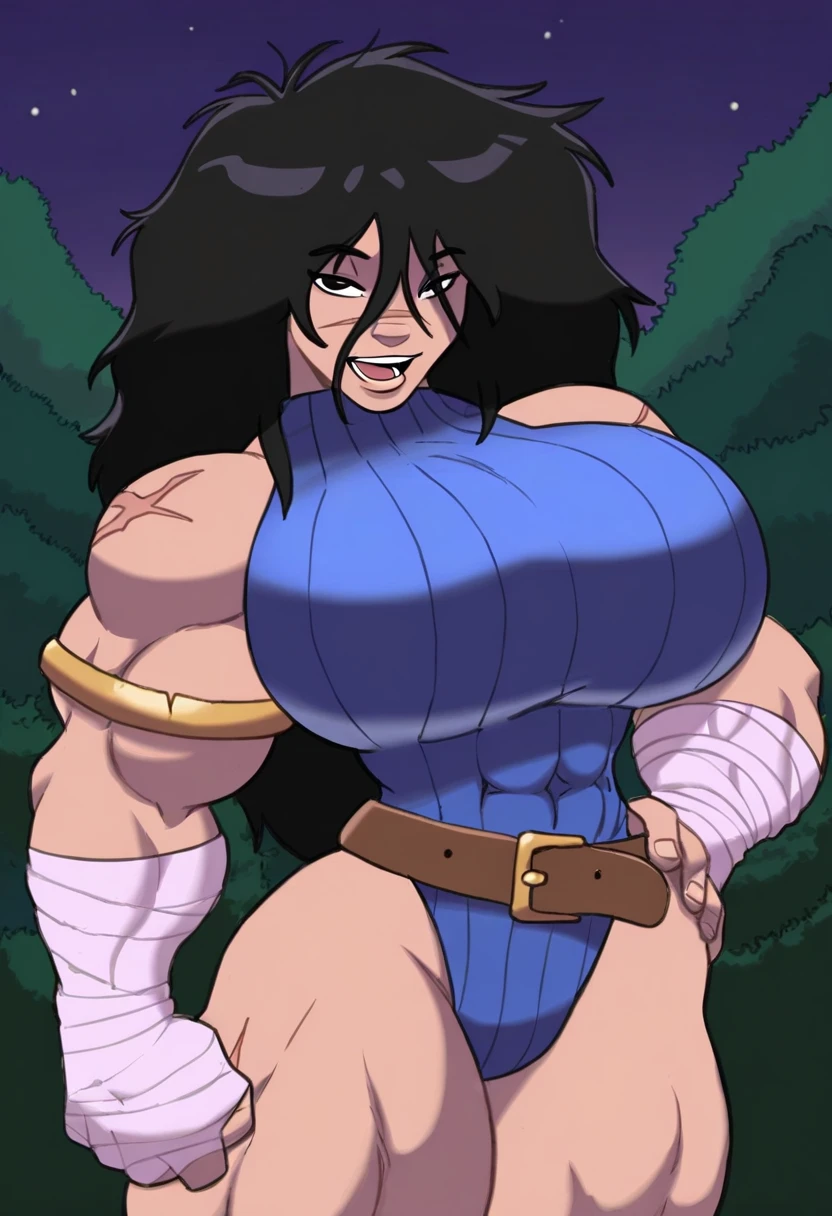 gideonscorral, masterpiece, best quality, 1girl, solo, ram1a, black hair, long hair, messy hair, muscular female, scar, scar on face, black eyes, big breasts, blue leotard, ribbed leotard, bandaged arm, hand wraps, armlet, brown belt, upper body, looking at viewer, smirk, open mouth, night sky, forest, trees