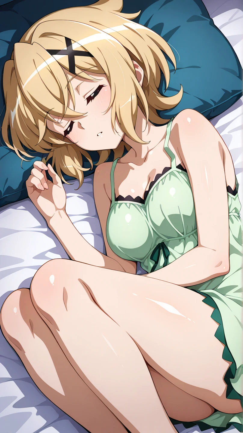 Hanayo Koizumi Yellow-brown hair Purple eyes Shaggy Bob Yellow-green nightgown White garter belt smile Huge breasts night Love Hotel Seduce Lie down on the bed holding champagne glasses night景 Dark Room