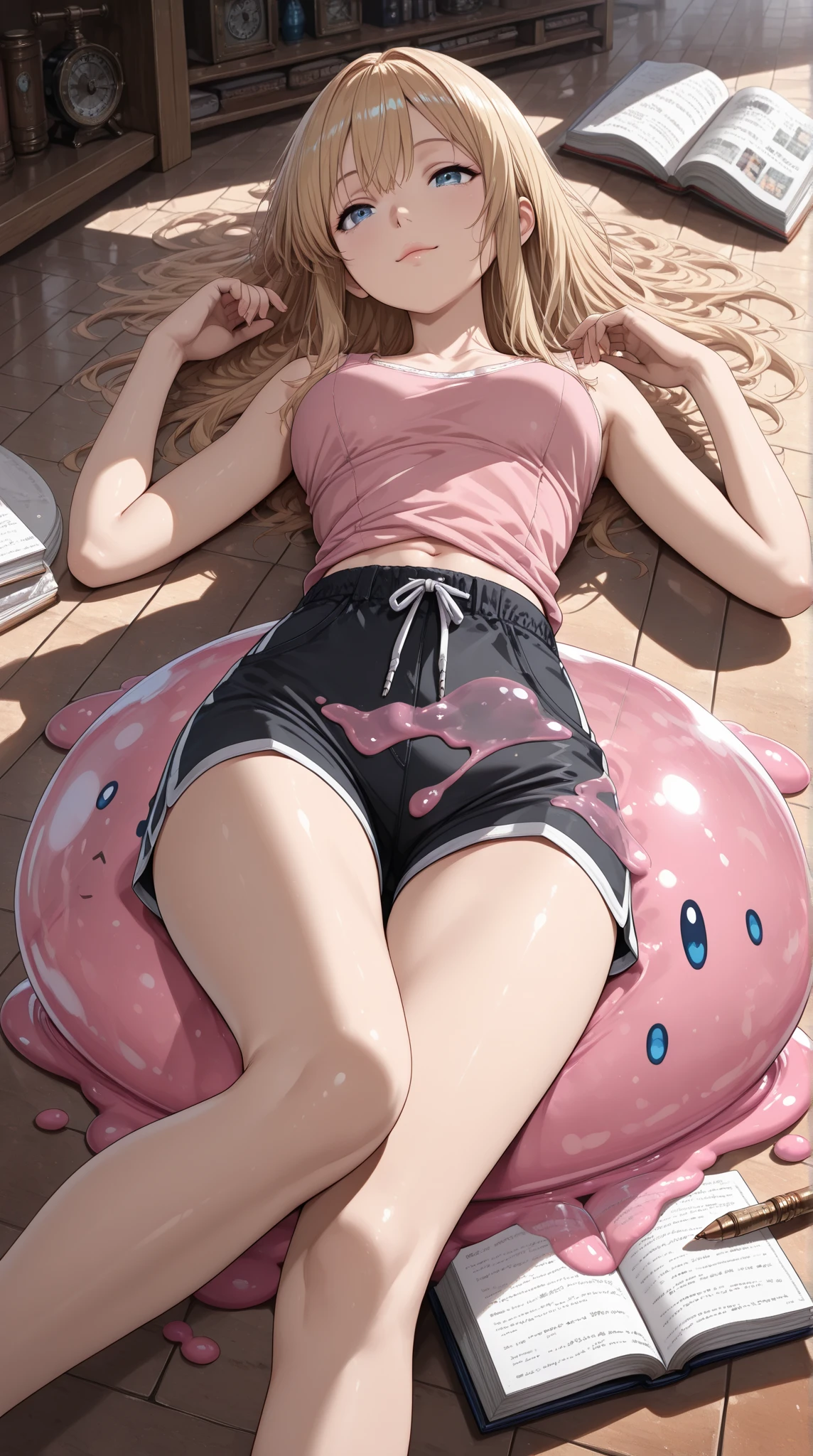 ((fullbody))A hyper-realistic portrait of a girl sleeping, on top of a puddle, in the middle of nature, showing her butt, , [freckles], realistic, (lying on her stomach), she's wearing pink thong, she's wearing pink top pajamas, wet clothes, short platinum hair. sweaty, very sweaty, wet, curved, SFW
