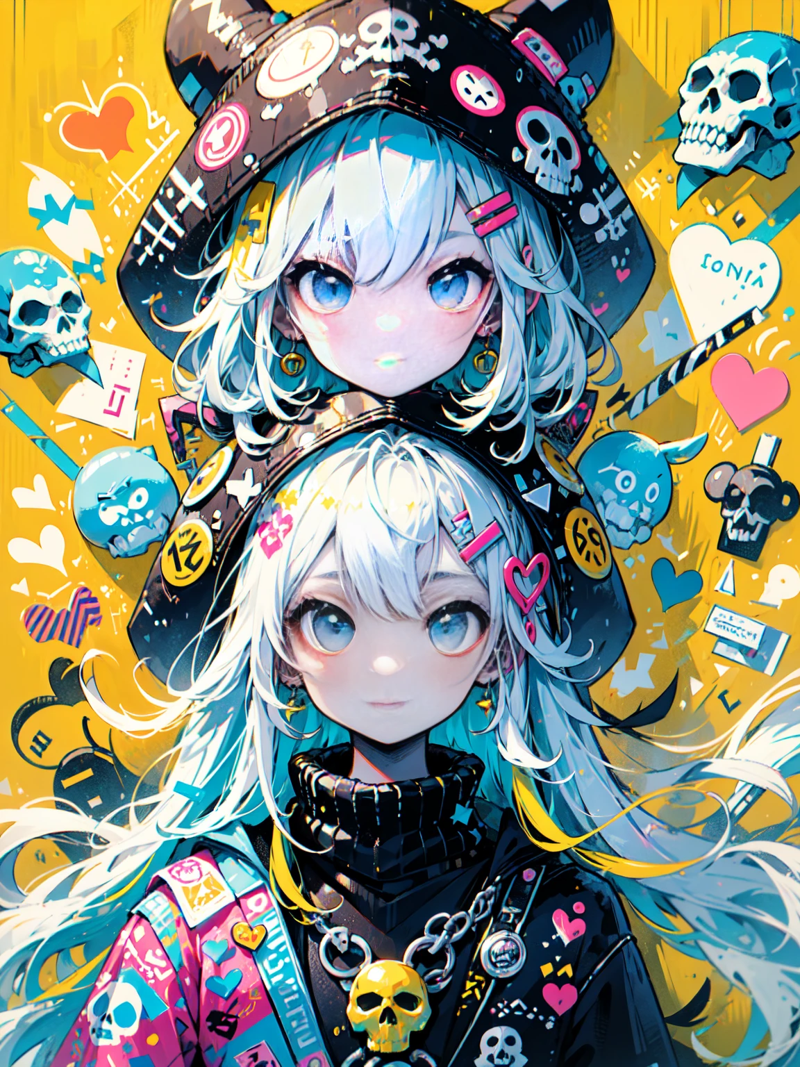 akira toriyama style、"cute, beautiful, Adorable girl in pink clothes, yellow, Baby blue color scheme. She is wearing a skull-motif outfit inspired by female pirates., Fashionable hats, rock、Comes with decorative accessories such as hair clips. Embodying the vibrant and modern Harajuku fashion style, Cute look, Full body depiction, Pose alone