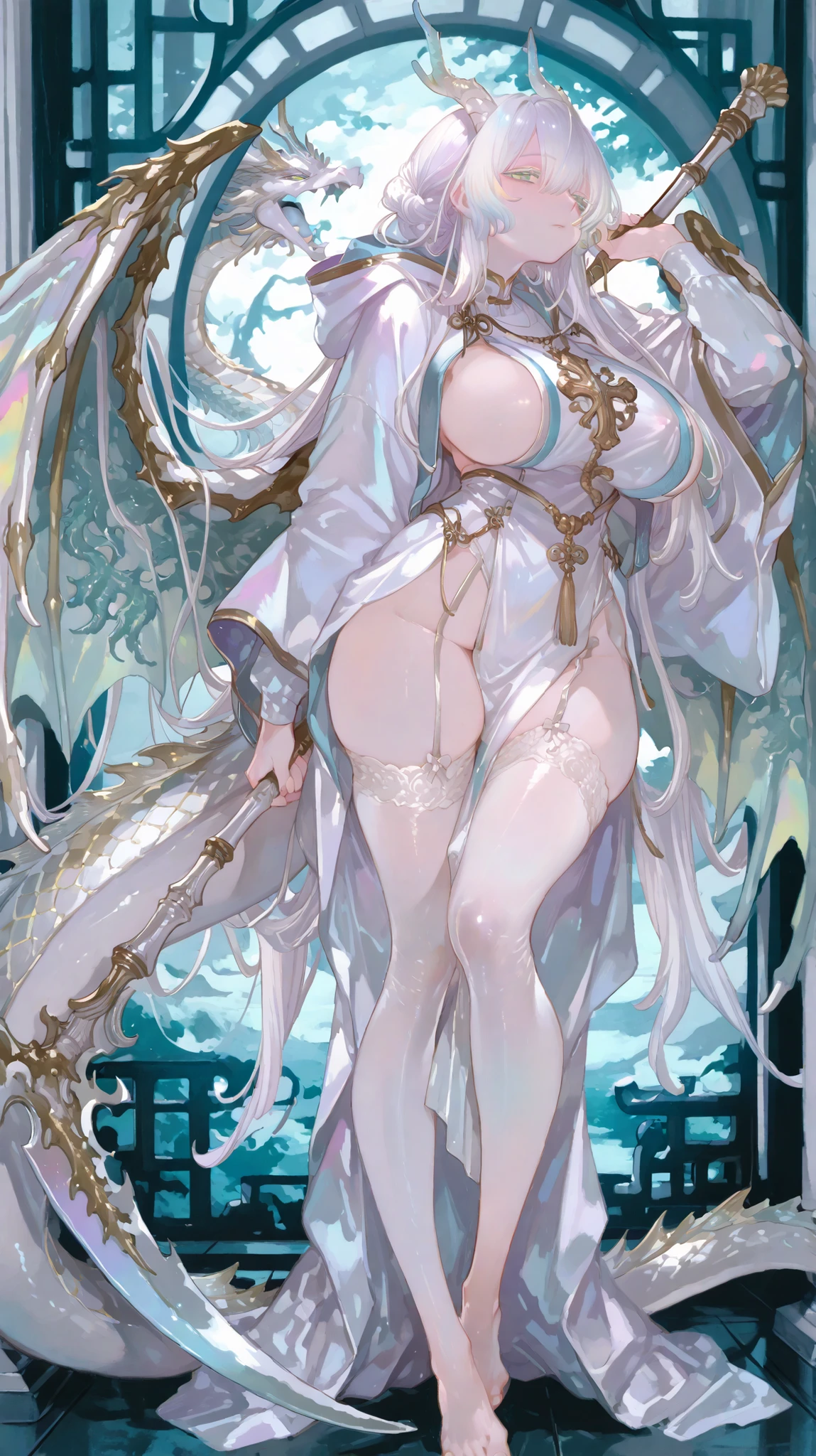 (Solo), (portrait), (Pastel colours), (Vivid colours), heavenly dragon goddess girl, very big breast, white big chinese dragon horns with white-gold patters, big dragon wings with white-gold patters, big dragon tail with white-gold patters, white hair, very long thick hair, green-blue gradient gilded dragon eyes, white luxury sexy priestess robe with hood, hood down her sholders, white beautiful lace stockings, fulbody, mage robe, standing up, head to toe, bare feet, detailed eyes, pelvic curtain dress, boob curtain, holding a huge draconic scythe.