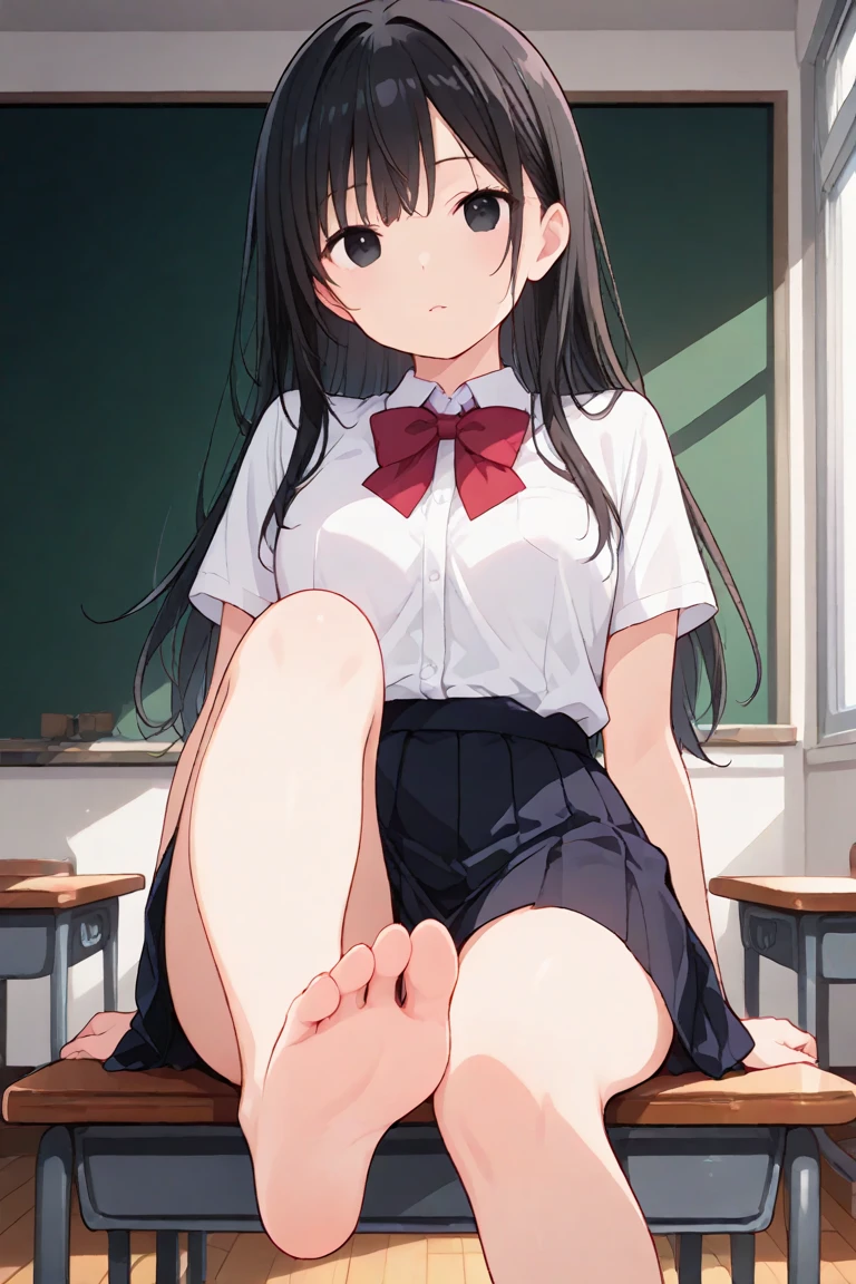 artwork, high quality, a woman, beautiful, (Komi Shouko) long black hair, black eyes, big chest, , Red skirt, White shirt, blue bag, black panties, sitting on a bench, bare legs, barefoot, View from below, barefoot, blowing smoke, and sweat, sole of the feet, View from below, a classroom in the background
