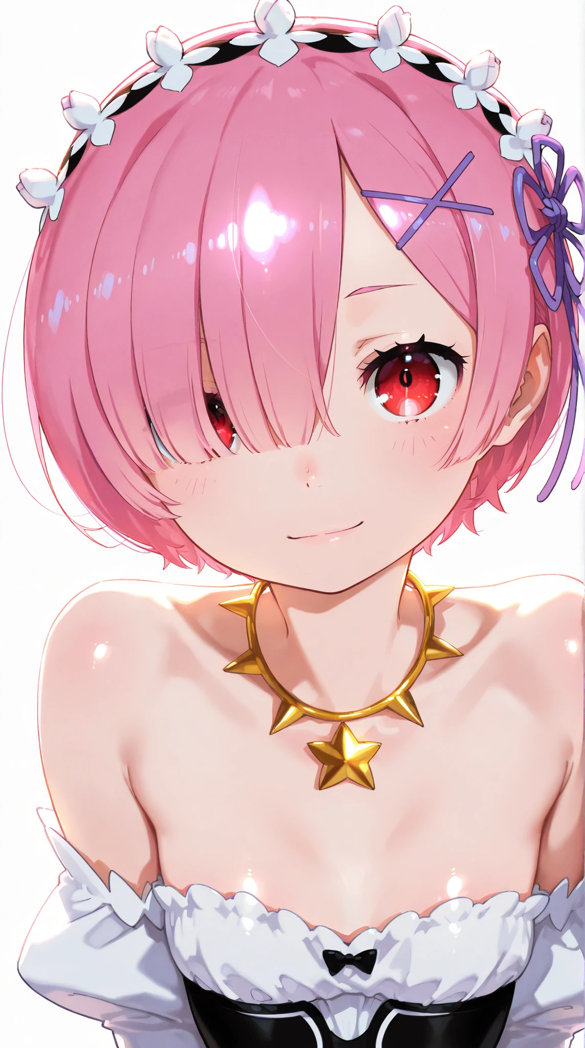 NATSUKI, PINK HAIR, PINK EYES, TWO SIDE UP, X HAIR ORNAMENT, NAKED, BIG TITS, SMILE