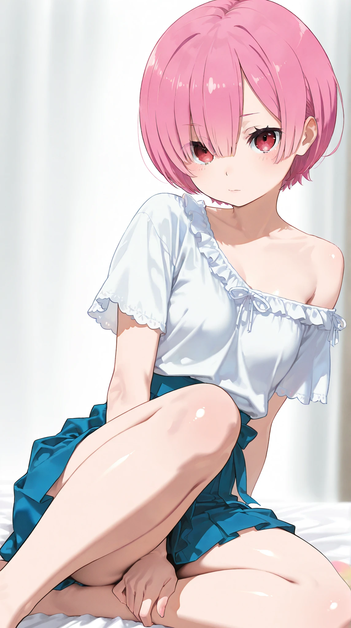 Mina Ashido, pinky, teen, falda mediana verde tableada, thighs, medias blancas a medio muslo, upskirt, cameltoe, panties rosa, topless, pechos medianos, small nippless, cuerpo perfecto, bedroom