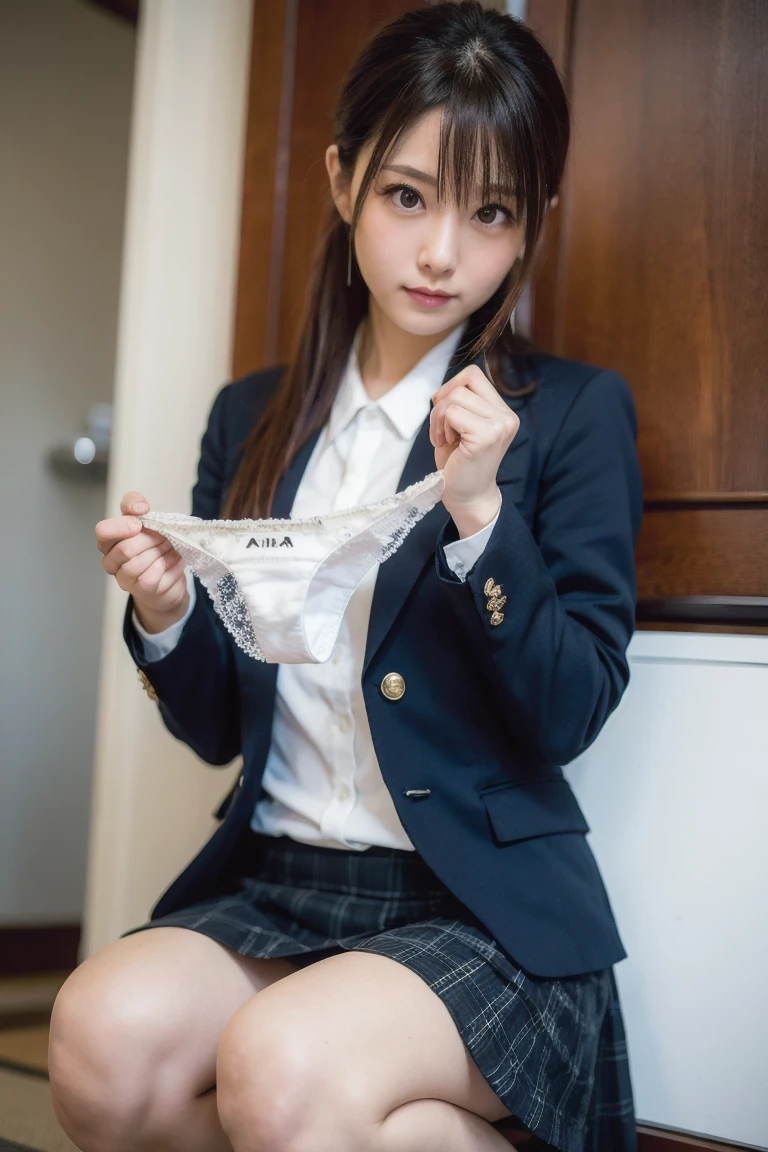 Highest quality, masterpiece, Ultra-high resolution, (reality: 1.4), Original photo, 1 female,smile, Cinema Lighting, Exact finger count、Exact number of legs、(Exact number of arms:1.0, Exact number of hands:1.0), (Perfect hands, Perfect ???????), Cinematic, reality的, Extremely detailed CG, night lighting, Perfect lighting, Best Shadow, The best natural light, ((Woman showing off her panties:1.3)), (school uniform,, Knee-high socks, loafers), Precise panties, Feeling embarrassed, (blush:1.2), (Embarrassed expression:1.4), Angle from the front,