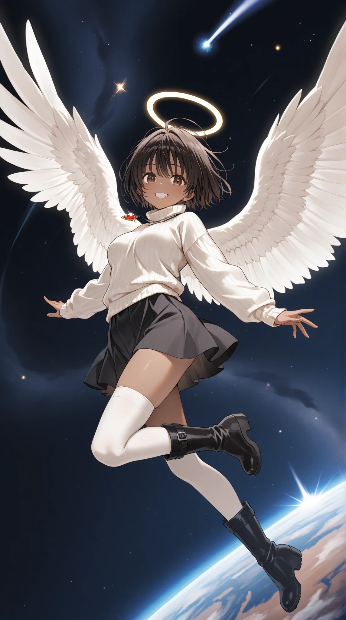 1girl, angel wings, brown eyes, brown hair, haibane renmei, halo, rakka, sailor collar, school uniform, squatting, spread legs, wet body, steam, steaming body <lora:my_LoRA_rakka_v2:0.5>