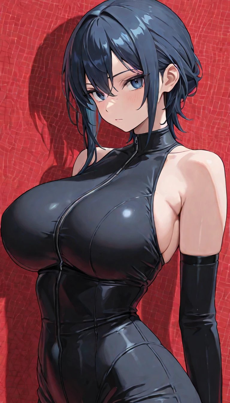 (masterpiece, best quality, hires, high resolution:1.2, 4k, 8k , high quality), extremely detailed, realistic, intricate details, highres, 1girl, solo, red long hair, blue eyes, blush, freckles, (huge breasts, thick thighs, wide hips), arched back,(cinematic lighting, sunlight, perfect lighting, backlighting), eye-level shot, naughty look, looking at viewer, hmmarnie, aqua eyes, black choker, red ribbon, black leotard, bare shoulders, front view, bare arms, indoors, strapless