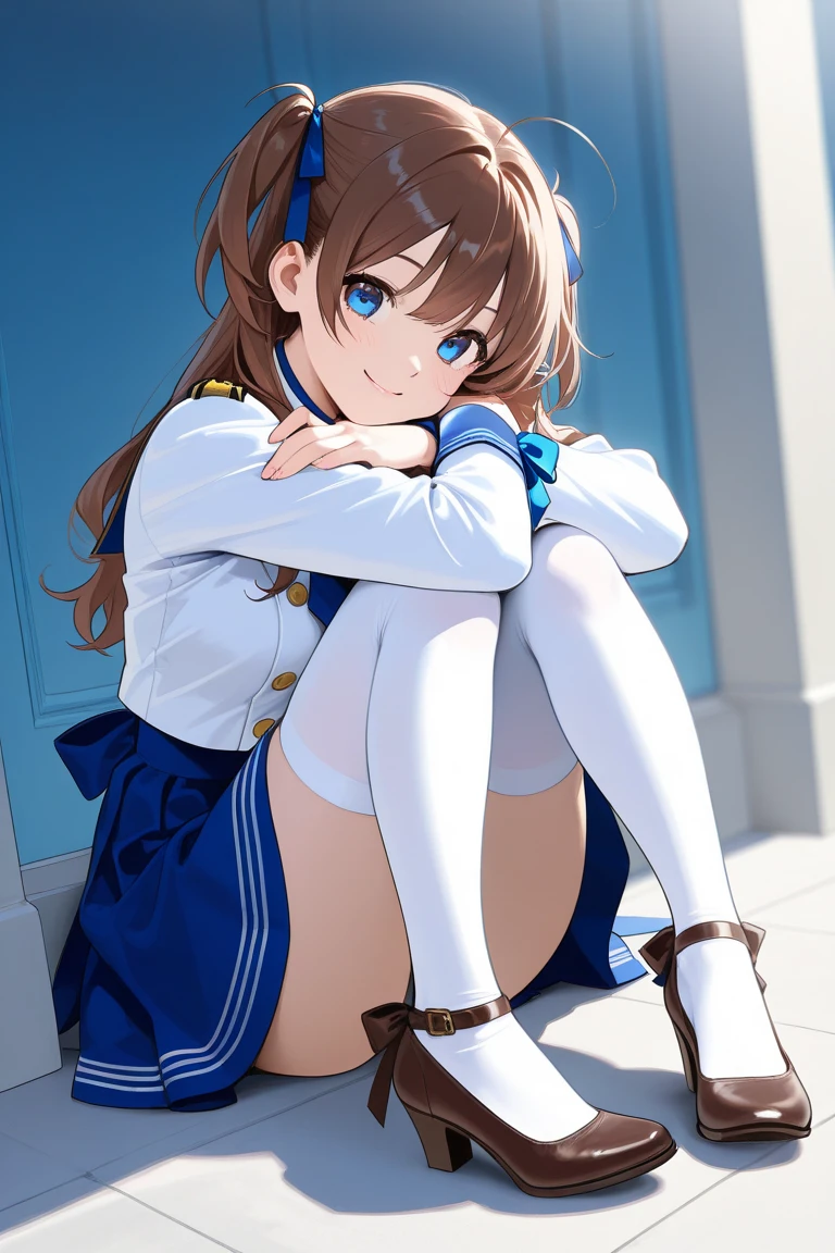 Top quality, masterpiece, High resolution, (Head to toe full body), front, frontやや下からの構図, Symmetric, Tall 18 year old girl, alone, (Head to toe), (Small breasts), Unkempt brown hair, bangs, (black tights), (Black Pantyhose), (Sit with your legs apart), (Crouching pose), (Composition showing white panties), (Her legs were spread、I see your white pants.), (I was made to sit on the floor with my legs spread..), (M-shaped feet), Thin legs, A very beautiful and tall 18 year old girl, (No shoes), blush, Shy big eyes, looking at the camera, Blazer Uniform, Checkered Pleated Skirt