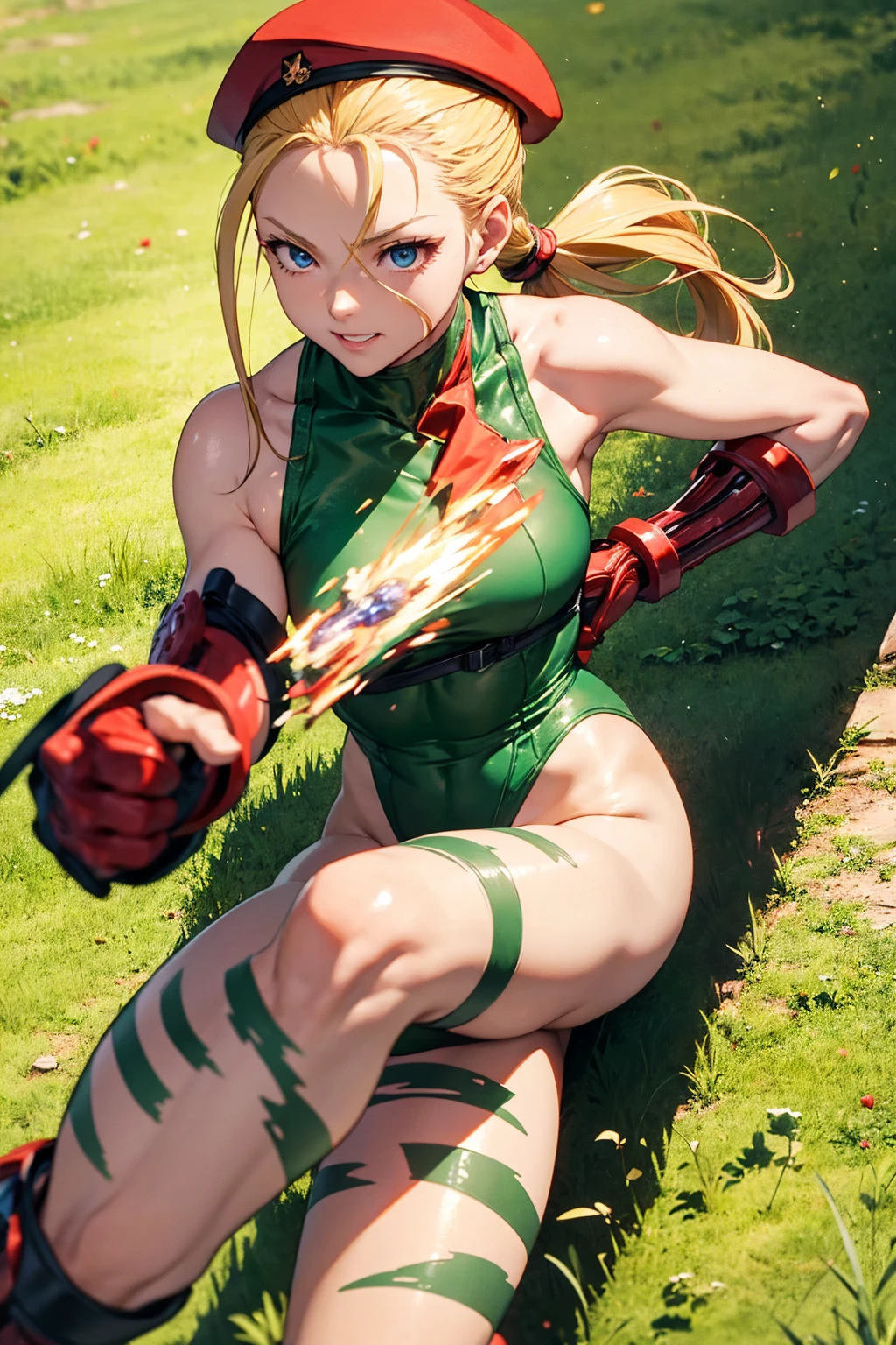 masterpiece, 4K, expensively detailed, Cammy de Street fighter, Looking into the camera, blue eyes, Platinum blonde hair in long pigtails、Small bangs that fall on the forehead。, Titis is cute, Cammy, ((scar on his left cheek)), 軍人に扮した美しいwoman ((Green thong class leotard with a delta red triangle on the left breast)), ((Military Tactical Strela)), (((He is wearing a red military beret on his head.))), Black combat boots and red gauntlets, (His legs are sparsely painted with green camouflage..), Clear bust portrait, Smile at the audience, Extensive detailed information, (Every pixel counts、Draw the most beautiful and detailed art possible:1.1), Analog Style, Bright colors, Symmetric, In the center, close, woman, Physical ability, fit, Tight waist, expensive, Sunburned skin, [(Colorful explosion psychedelic paint colors:1.1)::0.125], Realist body proportions, Realist, photo-Realist, 8K, expensively detailed, LED Light, Laser light,fruit flavored, (Pit Baby:0.5), Shiny,Anatomically correct body, Symmetrical anatomy