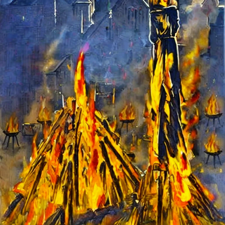 (masterpiece, best quality:1.2), fire, flame, witch, burn witch, wooden stick, girl