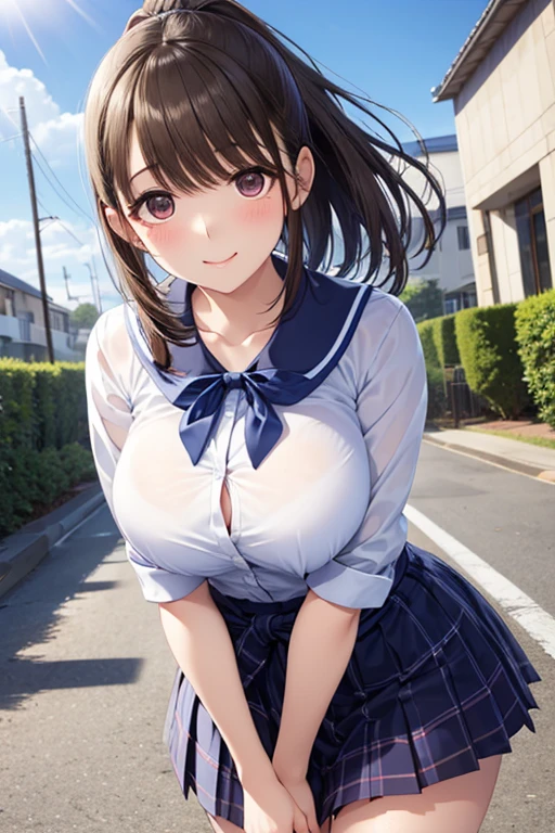 (Close-up of a woman)、((Depiction from the knee up))、((30-year-old woman))、Very large breasts、Bright smile、very short blonde hair、(Please open your mouth a little、High resolution、16k))、(((Very shiny, Sheer white bodysuit)))、Late Night City