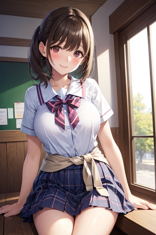 1个Giant Breast Girl, Open, Be red in the face, cosmetics, light smile, 校服, full bodyesbian, wide angles, Perspectives, from the above, Classroom, 1 school bag, llight rays, Glow, upper legs, 鎖骨, Willow waist, (tmasterpiece), the wallpaper,