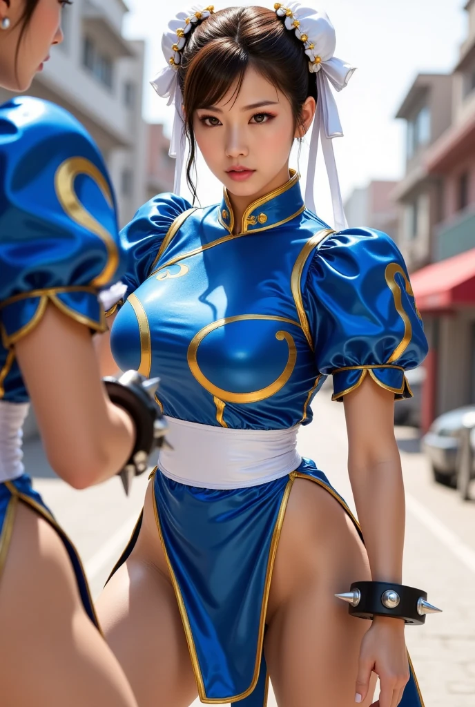 photoshoot
1girl
alternate costume((Colorful silk clothes))
bare shoulders
black hair
blurry
bracelet
braid
brown hair
chinese clothes
chun-li
dress
earrings
(((fighting stance)))
fingerless gloves
gloves
jewelry
lips
lipstick
long hair
makeup
medium breasts
nose
parted lips
sitting
sleeveless
solo