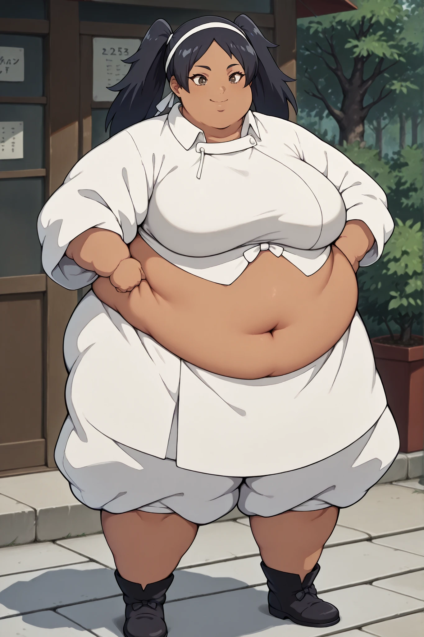 masterpiece, best quality, score_9, score_8_up, score_7_up, score_6_up, outdoors, 1girl, haylin, black hair, brown eyes, long hair, twin tails, dark skin, female focus, solo, white jacket, white pants, headband, short hair, smile, black footwear, coat, crop top, midriff sarashi, sarashi, full body