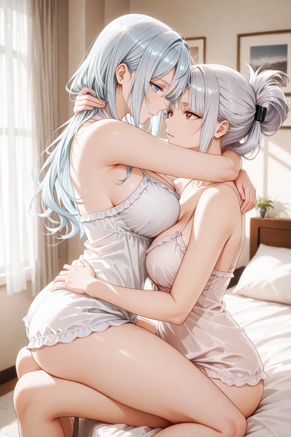 Highest quality, masterpiece, 4K, Highly detailed face, Highly detailed skin, Highly detailed wallpaper, Japanese anime, Second Dimension, Small face, Big Breasts, Normal body, Accurate body, Fine skin, Very beautiful cleavage, NSFW, whole body, One girl, Shy smile, On the bed, Sweaty, Cosplay, , mini skirt, From the back, On all fours, 