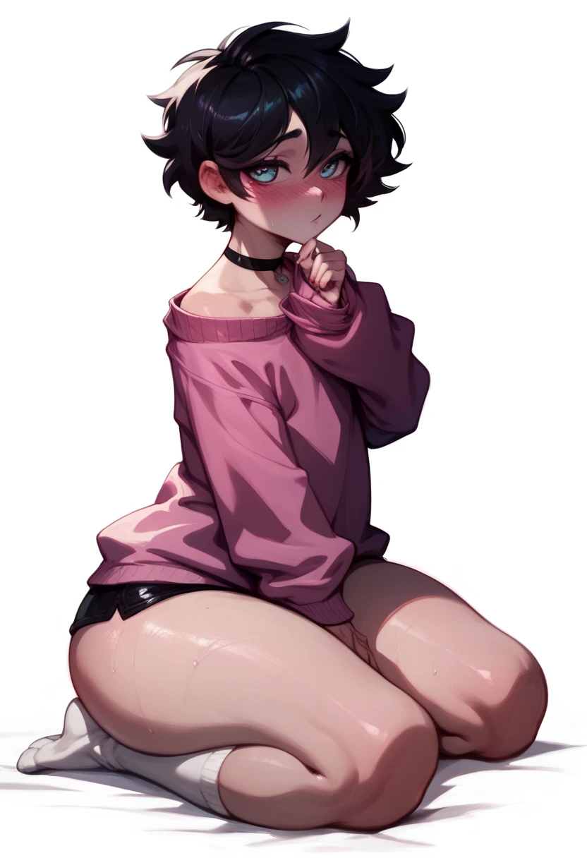 Picture a young woman around twenty years old, with short black hair that's been styled into a messy bun at the top of her head. Her skin is pale with a hint of rosy cheeks and a smirk permanently etched onto her lips, accompanied by expressive pink eyes. In the picture, she's wearing a skintight black shirt with a black bra strap prominently displayed, revealing the curves of her body. Paired with that, she wears a torn pair of grey shorts, showcasing her toned legs, along with black lace choker around her neck and grey sneakers. She exudes a mix of confidence, cute