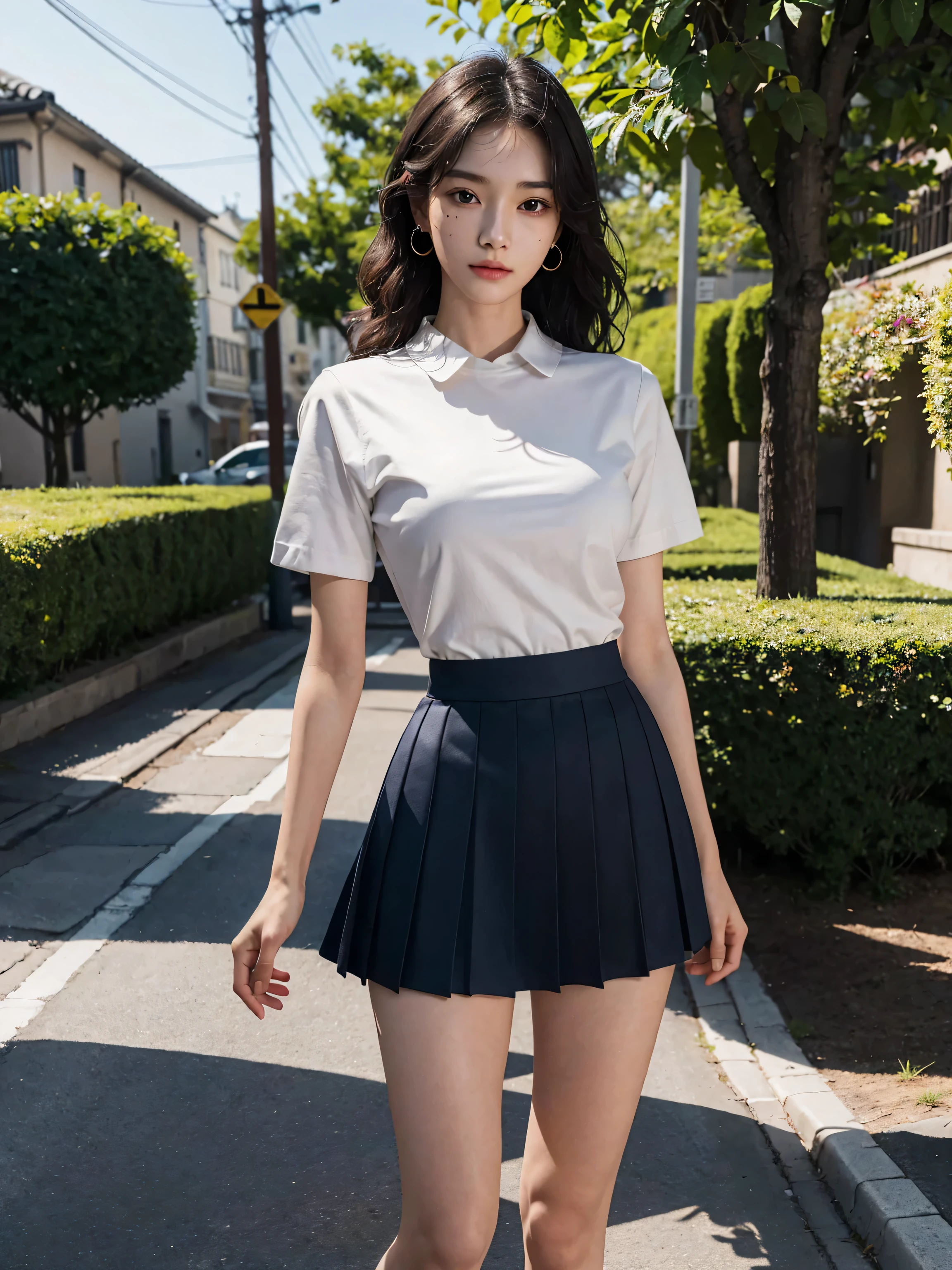 Realism, masterpiece, best quality, high quality, 8k, UHD, high details, super detail, textured skin, anatomically correct, medium breast, japanese girl, 16years old, walk in the park, mini skirt,