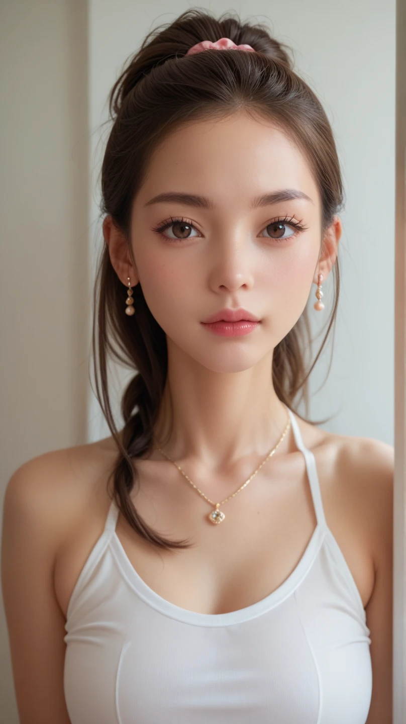 Beautiful Young Woman of the Year、 Korean women、Brown Hair、Necklace around the neck、Woman in swimsuit、Tie your hair back、Open your mouth a little、hair band、Intricate details, Very detailed:1.2), 、 Looking into the camera,background is indoor pool、ear piercing