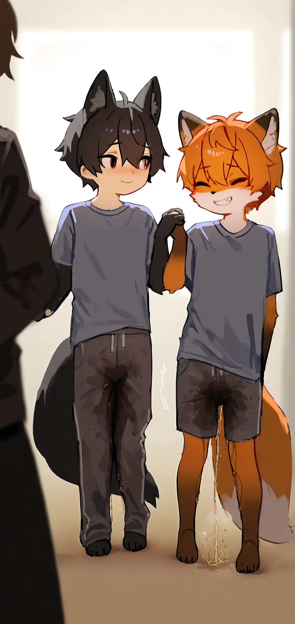 （（Two Boys、Furry、Young cat boy getting a blowjob、Yellow Hair、restrained by chains、Having an erection））naked、Bound to the wall、Pinned nippleouth gag、Shackles、Handcuffs、Back Alley、