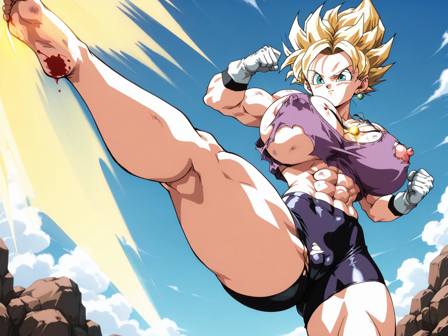 Beautiful muscular woman, Breasts huge, abdomen, thick-thighs, big-ass, Bikini, super Sayajin, spiky hair, 4k hd