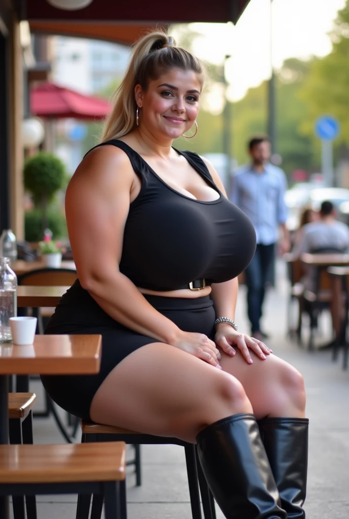 traje de secretaria, blusa blanca ajustada y abierta mostrando escote de tetasgrandes y apretadas, minifalda negra muy ajustada en muslos y piernas gorditas de buena figura y muy sexys, medias de red negras