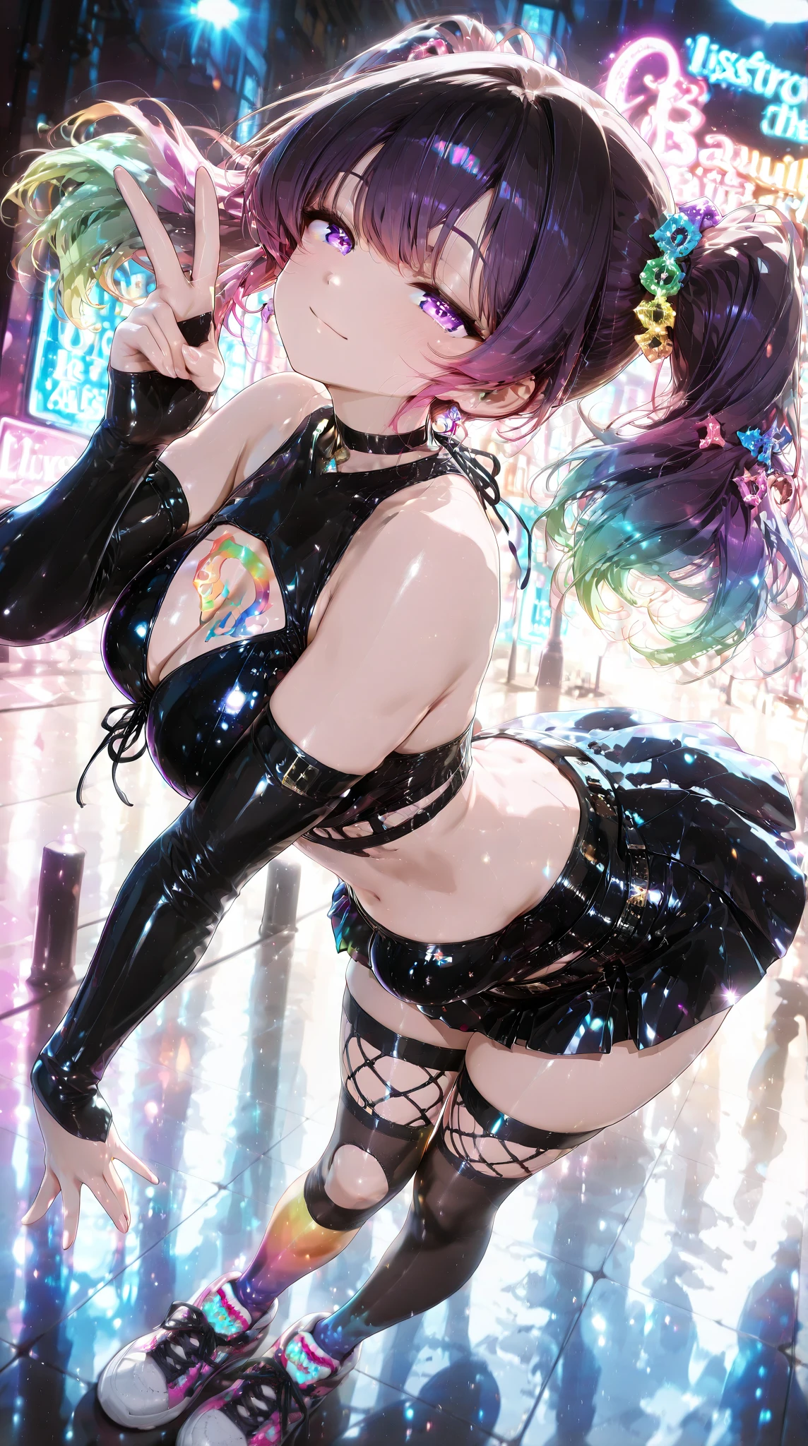 Highest quality,Highest Resolution,4K quality,寝室で大きな窓の外の都市の豪rainの夜景を眺めるRainbow((Rainbow colors))Underwear姿のsmileの女性の横顔,Jet black ponytail,Dark room,Sexy Lingerie,Many water drops on the window,garter belt,High leg,Rainbow((Rainbow colors))Underwear,Knee-high stockings,rain,豪rain,雷rain,smile,Landscape,Colorful eyes,