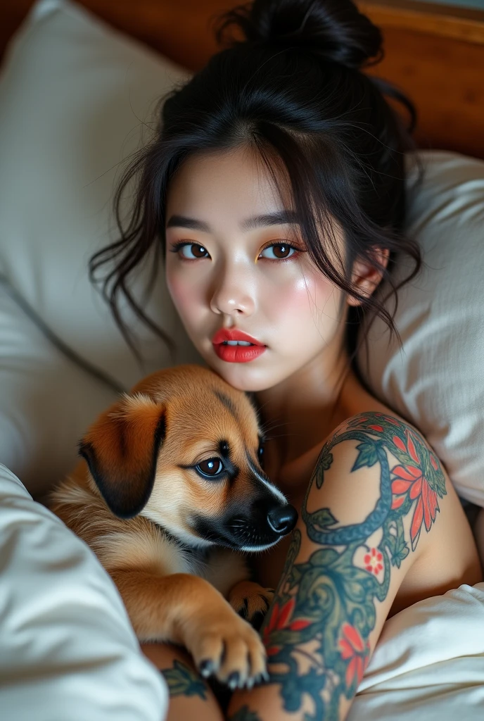A beautiful white skin korean woman is lying on a bed, facing fowards with her left side lying a husky dog. She has long dark hair and multiple colorful tattoos on her left arm and right thigh. The tattoos on her arm include various designs and characters, while the one on her thigh depicts a stylized cat with large eyes and a crescent moon on its forehead. She is wearing a beige, ribbed tank top with deep v cuts showing her bare larged-size chest and white lace panties. The setting is a cozy bedroom with light-colored bedding and pillows. The atmosphere is intimate and relaxed.