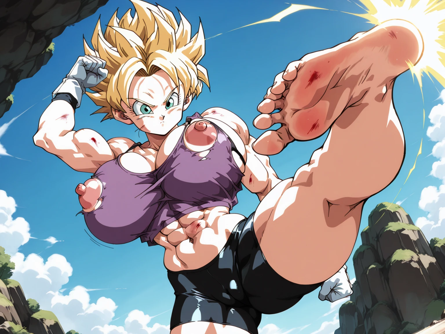 Caulifla, 1girl, muscular female,smile, ssjcaulifla, blonde hair, aqua eyes, , naked, (masterpiece, best quality, extremely detailed 8k, ultra hd, ultra-detailed, highly detailed, highly realistic, photo realistic), (beautiful realistic face, detailed realistic face), highly detailed realistic skin, sharp focus, outdoor, mountain,large breasts,erected nipples, nude,dynamic pose,dynamic angle,spread legs,cameltoe,sweat, huge breasts, huge round chubby ass, pussy is showing, hairy pussy ,