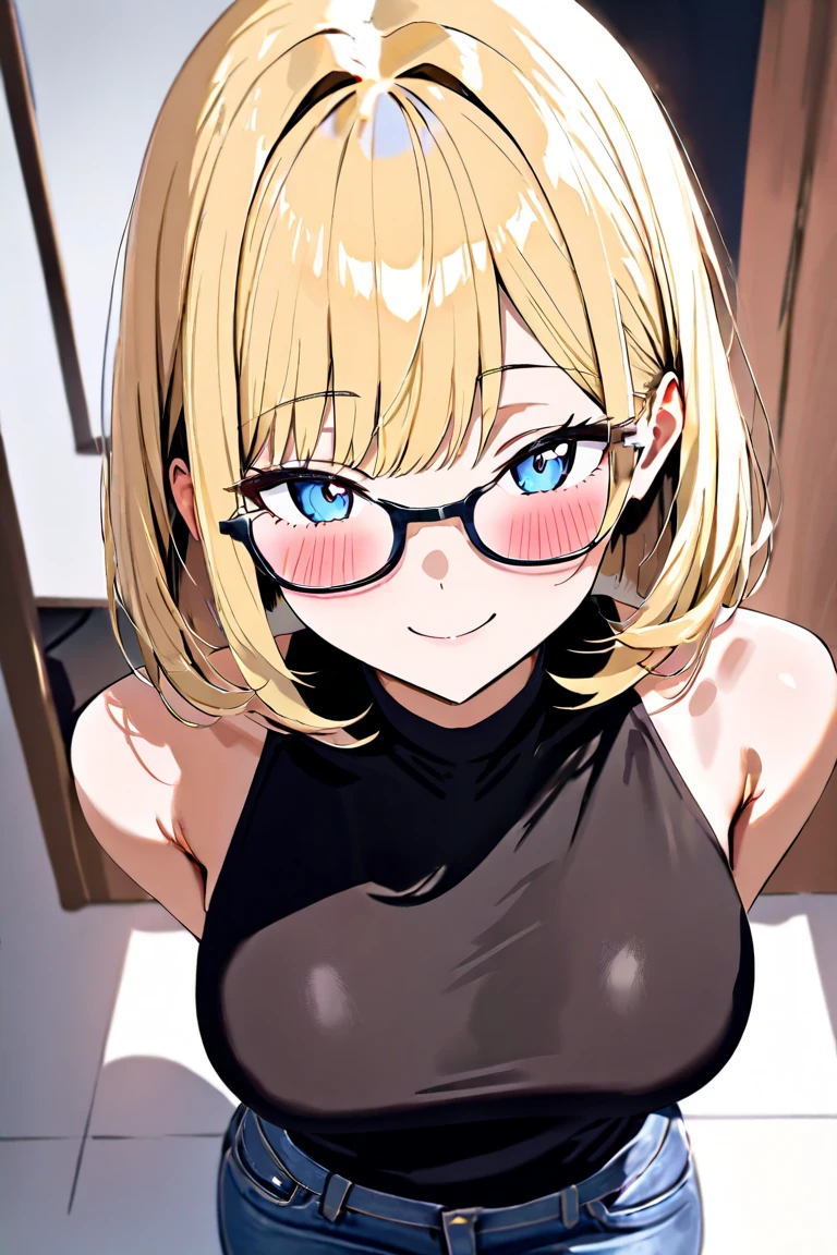 realisticlying、 18 year old girl with emphasized cleavage((Grasp your breasts with both hands))、wearing a khaki bra、Breasts enlarged、A slight smil、Sexy Posing、I'm sweating、Redness of cheeks、Blonde short wavy hair with glasses、Bedrooms、sexly